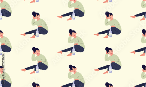Pattern background of female alcoholism, sad crying woman chained to wine bottle, alcohol dependency concept illustration