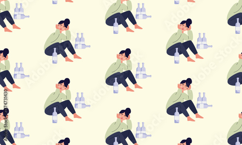Pattern background of female alcoholism, sad crying woman sitting near alcohol bottles, addiction concept illustration