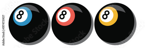 Three colorful eight ball billiard icons with vibrant designs and realistic shading on a white background
