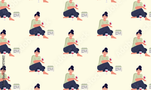 Pattern background of female alcoholism, sad crying woman with wine glasses and calendar, addiction and mental health illustration