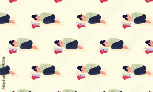 Pattern background of female alcoholism, sad crying woman lying near broken wine bottle, alcohol addiction concept illustration