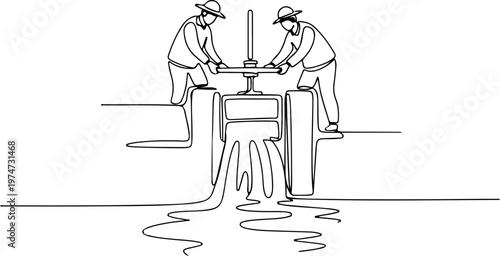 Continuous one line of an irrigation worker opening the water flow, resource management symbol, style hand drawing vector illustration.