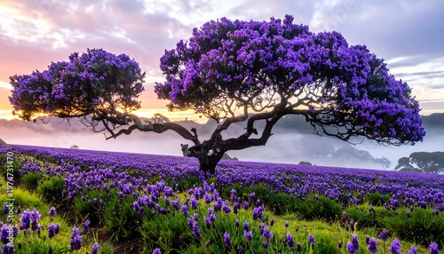 A scenic vista showcasing blooming purple flowering trees in a field with a misty horizon at dawn