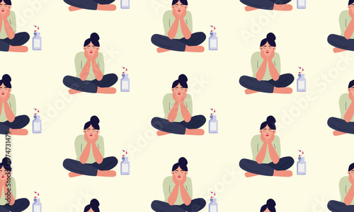 Pattern background with sad woman and pills, addiction and mental health concept, depression illustration