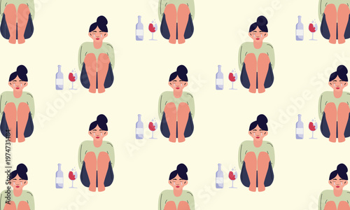 Pattern background of female alcoholism, sad crying woman sitting near wine bottle and glass, addiction and depression illustration