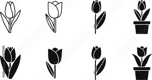 Tulip flower icon set vector illustration minimalist black white floral designs for gardening spring and botanical projects