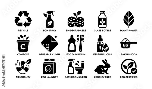 Eco-friendly icons: recycle, biodegradable, essential oils, eco certified products