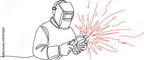 Continuous one line of a welder with sparks, symbolizing industrial skills, style hand drawing vector illustration.