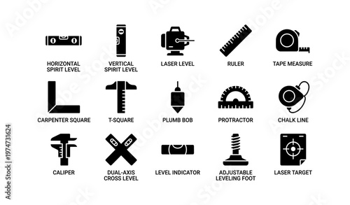 Black icons of essential carpentry and construction measuring tools