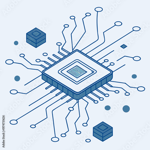 Blue central processing unit circuit board concept with back end with artificial intelligence
