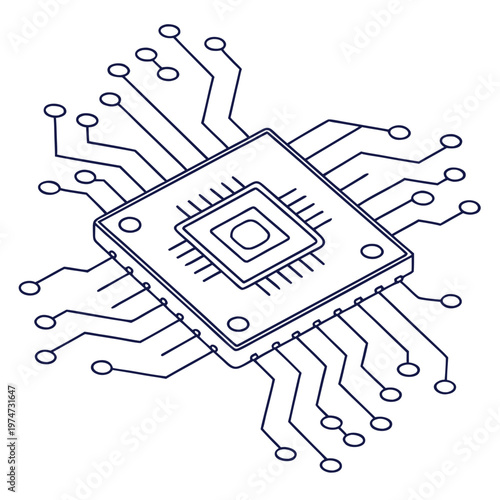 Computer microchip circuit outline with back end with artificial intelligence