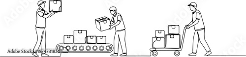 Continuous one line of a logistics worker arranging packages, symbol of distribution efficiency, style hand drawing vector illustration.