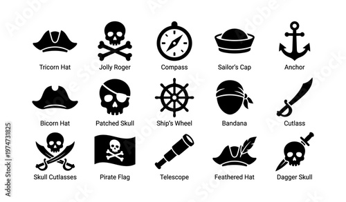 Pirate icon set: skull, hat, compass, anchor, telescope, flag, wheel, bandana, cutlass