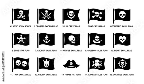 Variety of skull flags with iconic pirate designs and symbols