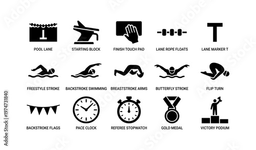 Swimming icon set: lane, freestyle, backstroke, stopwatch, gold medal