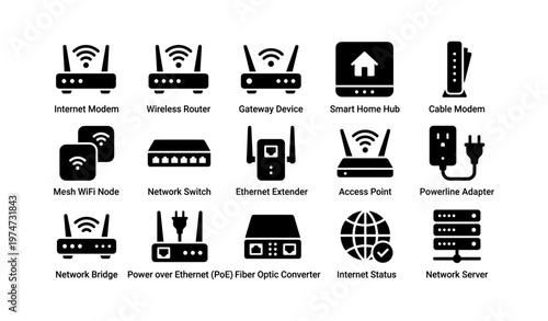 Set of network devices and communication icons in black and white