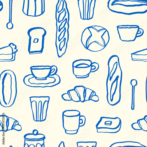 Cafe seamless pattern with hand drawn elements. Vector repeated background in naive doodle style with coffee cups, croissants, baguettes