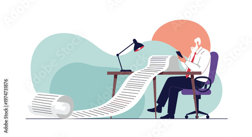 Tired businessman sits at his office desk reading an endless list of tasks or bills printed on a very long paper.