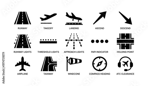 Aviation icons: runway, takeoff, landing, navigation, communication