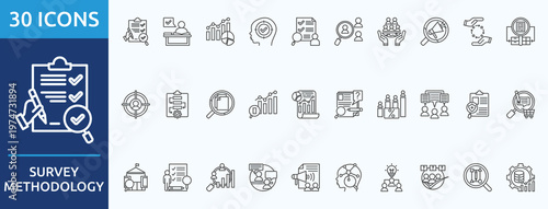 survey methodology
 - Icon Collection. Thin outline Set contains such Icons as study
statistic, concentrating,  and more. Simple web icons set
