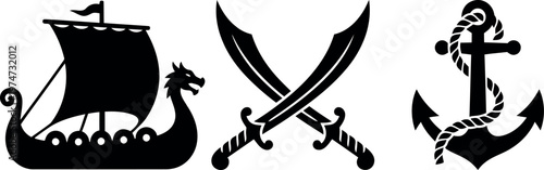 Viking Longship Crossed Swords and Anchor Pirate Icon Set