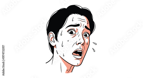 Stressed and anxious man with a panicked expression and sweat drops on his face captured in a bold comic illustration style.