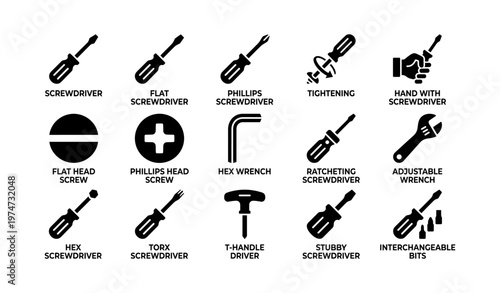 Screwdriver wrench icons: flat phillips hex torx ratcheting adjustable tools
