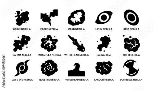 Silhouette icons of various nebulae including orion, eagle, and crab