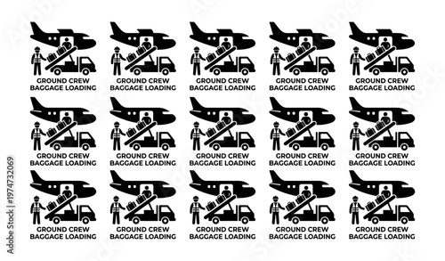 Monochrome icons of airport ground crew baggage loading