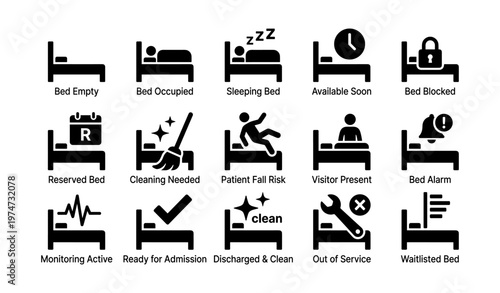 Hospital bed status icons set for facility management and patient care
