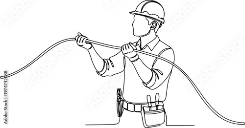 Continuous one line of an electrician holding a cable, symbolizing field technical skills, style hand drawing vector illustration.