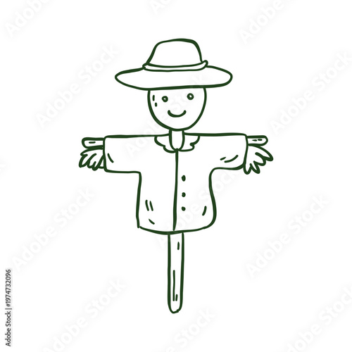 Cute hand-drawn garden scarecrow wearing a hat and shirt. Minimalist black ink doodle of a farm guardian, ideal for autumn harvest themes, vegetable garden protection, or rural decor.