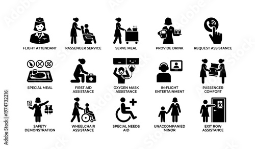 Airline passenger assistance icons for in-flight services and safety