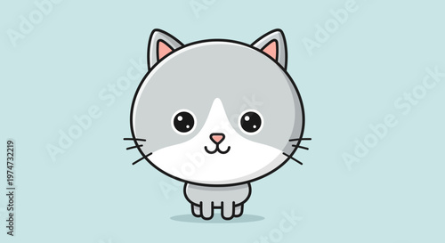 Cute cartoon cat with big eyes and grey and white fur on a blue background