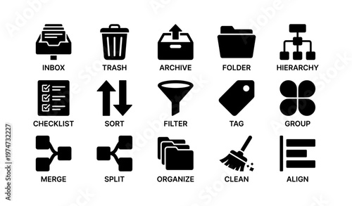Set of office management icons: inbox, trash, archive, folder, hierarchy, checklist, sort, filter, tag, group, merge, split, organize, clean, align