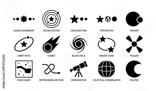 Astronomy icons: solar system, stars, orbit, eclipse, telescope