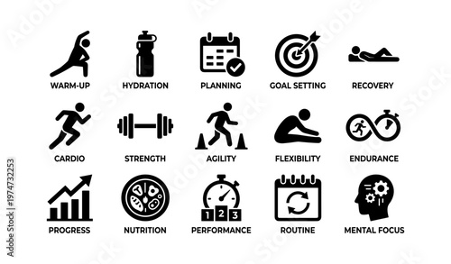 Essential fitness and wellness icons for a balanced exercise routine
