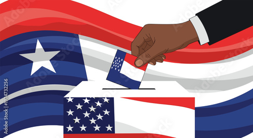 African American hand placing a ballot with the Mississippi state flag into a voting box against a patriotic flag background.