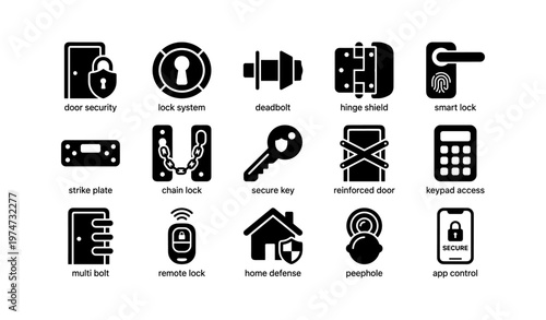 Home security icon set: locks, keys, smart access, home defense symbols