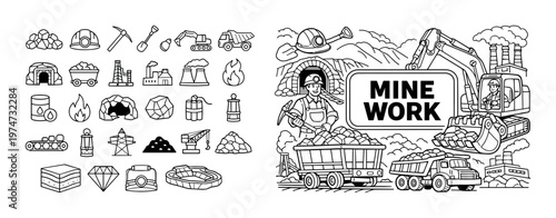 Illustration Depicting Various Mining Equipment, Tools, and Products, Highlighting the Essential Aspects of Mine Work and Mineral Extraction Processes.