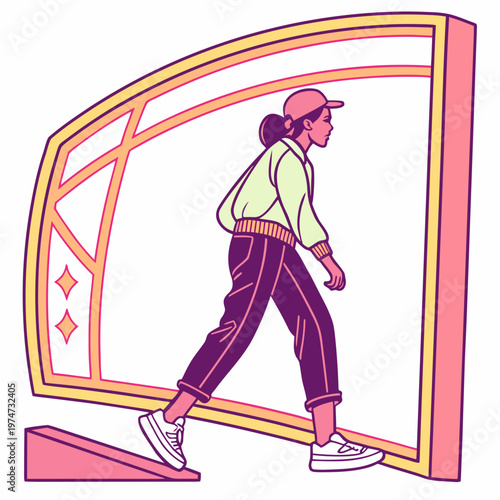 A woman steps through an archway