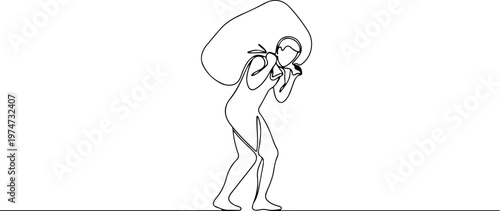 Continuous one line of a porter carrying a load, symbolizing physical strength, style hand drawing vector illustration.
