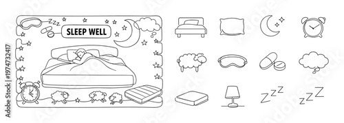 A Cozy Sleep Environment Illustrated with a Bed, Sleep Essentials, and Dreamy Elements for a Perfect Good Night's Rest