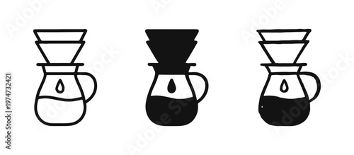 Pour-over coffee maker icon set in outline, solid, and doodle styles for cafe and brewing