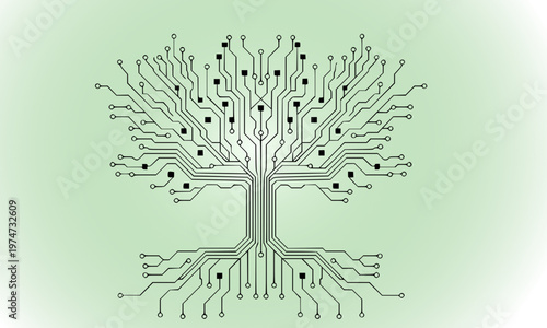 Digital circuit board tree with roots symbolizing artificial intelligence, technology growth, nature fusion, and the future of sustainable innovation in a green environment