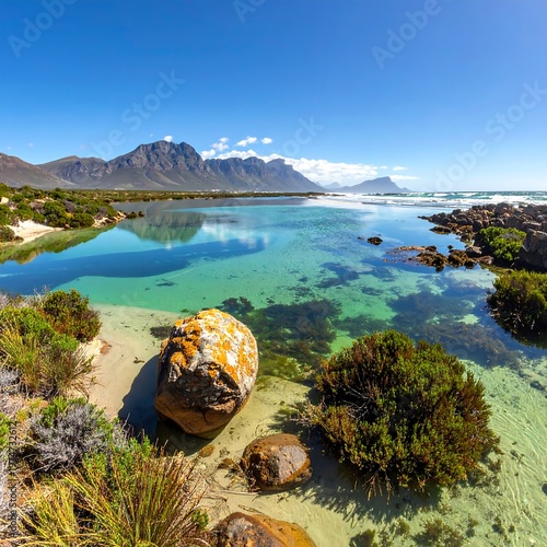 A serene coastal scene with clear turquoise water and lush greenery