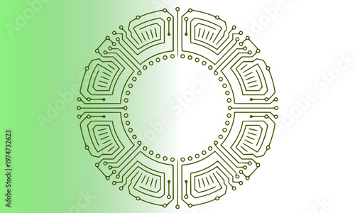 Green circular circuit board mandala with intricate geometric pattern symbolizing technology, connectivity, and digital innovation on a clean gradient background
