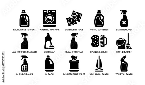 Household cleaning products icons: detergent, washing machine, bleach, vacuum, sponge