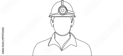 Continuous one line of a mine worker with helmet and lamp, symbolizing hard underground work, style hand drawing vector illustration.