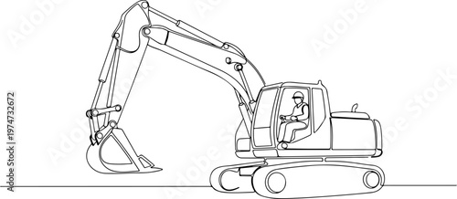 Continuous one line of a heavy equipment operator controlling an excavator, industrial and construction symbol, style hand drawing vector illustration.